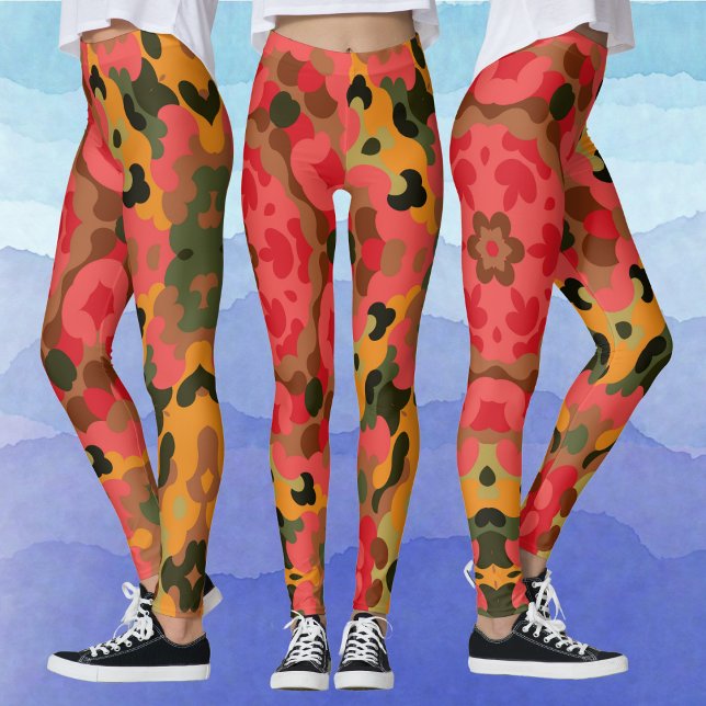 Leggings Rétro Mandala rouge orange et vert (Créateur téléchargé)