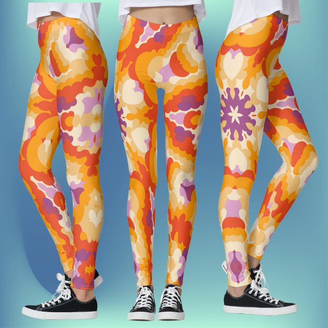 Leggings Rétro Mandala rouge orange violet et jaune (Créateur téléchargé)