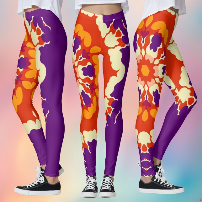 Leggings Rétro Mandala violet rouge et orange (Retro Mandala Leggings from Wormhole Orbital)