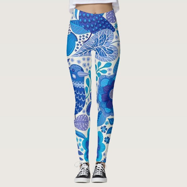 Leggings Rétro motif d'oiseaux et de fleurs (Devant)