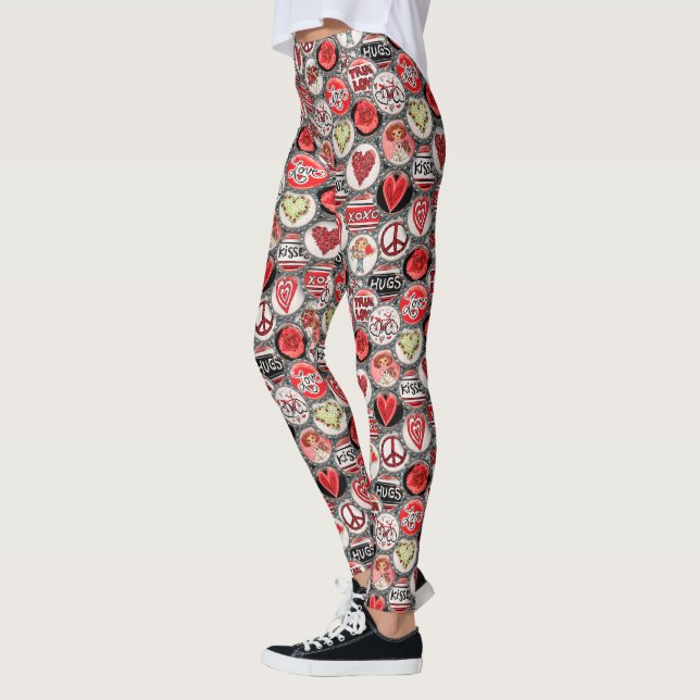 Leggings Retro Red Floral Heart Valentine's Day Bottle Casq (Gauche)