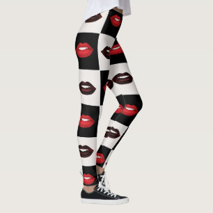 Leggings Retro Vibes Checkerboard Hot Red Lips Motif