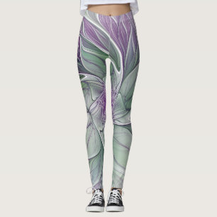 Leggings Rêve de fleurs, Abstrait violet vert Fractal Art