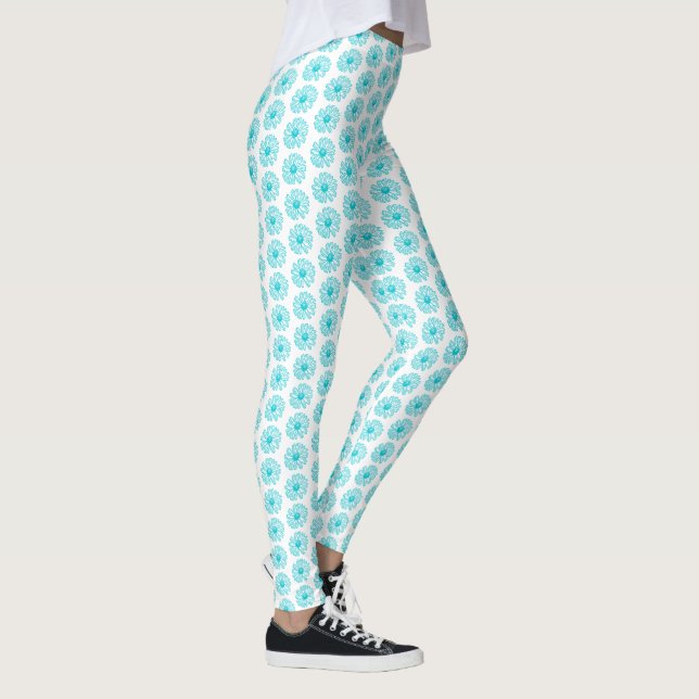 Leggings Robin Egg Blue Daisy Print, Hippie Flowers Motif (Droite)