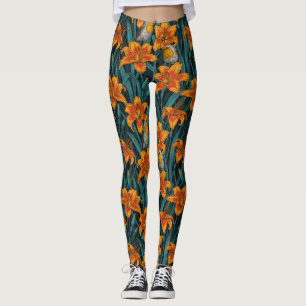 Leggings Robins et fleurs de lys, orange et bleu