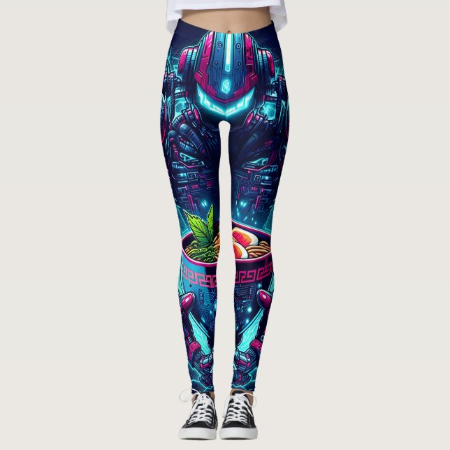 Leggings Robot Cyberpunk Futuriste Nourriture Ramen Néon (Devant)