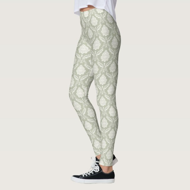 Leggings Rococo Damassé Répétition de Motif Crème sur Vert (Gauche)