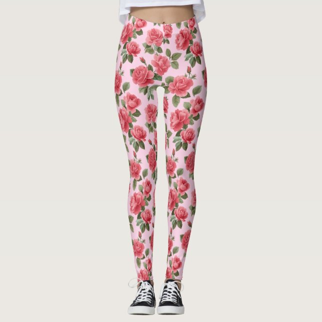 Leggings Romantic Pink Roses Botanical Pattern (Devant)