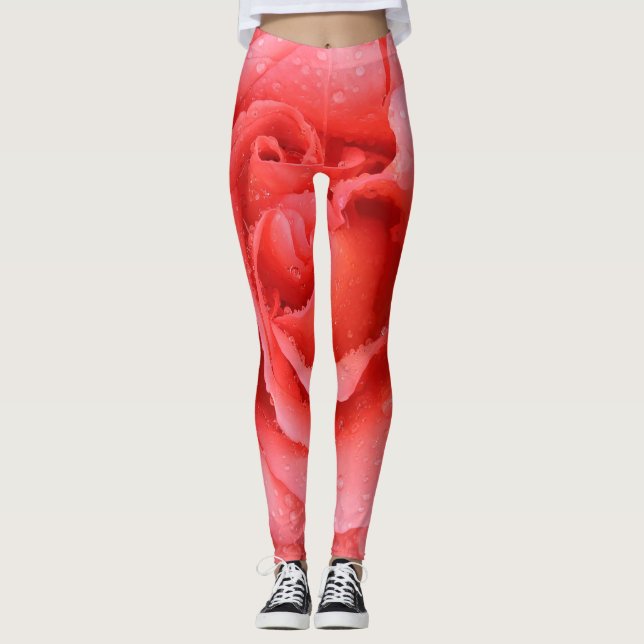 Leggings Romantique Rose rose rouge gouttes d'eau (Devant)