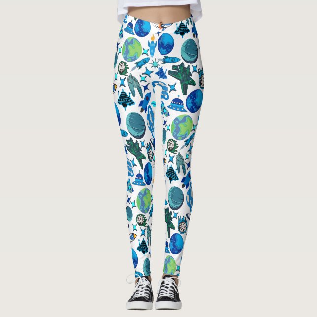 Leggings Roquettes rétro dans l'espace. BG blanc (Devant)