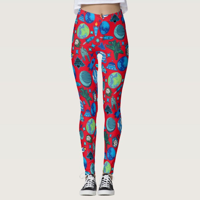 Leggings Roquettes rétro dans l'espace. BG rouge (Devant)