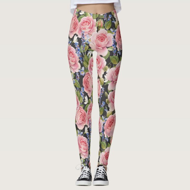 Leggings Rose anglais rose : Aquarelle noire (Devant)