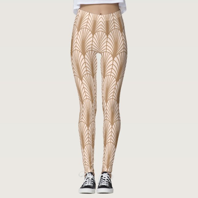 Leggings Rose Art déco : Plumes de paon doré (Devant)