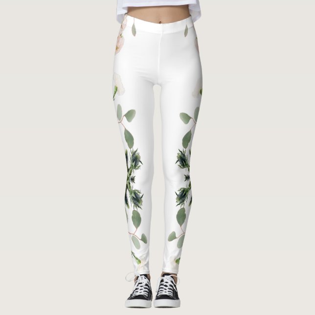 Leggings Rose blanche et feuille artistique (Devant)