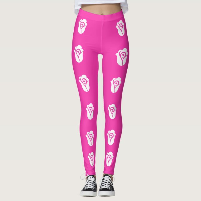 Leggings Rose blanche sur motif rose (Devant)