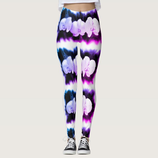 Leggings Rose bleu violet aquarelle Orchidées Motif (Devant)