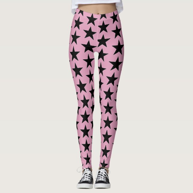Leggings Rose Bubble-Gum Avec Étoiles Noires (Devant)