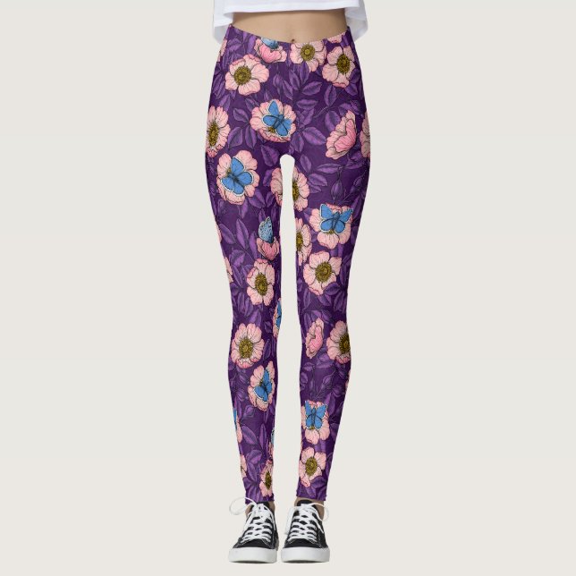 Leggings Rose de chien et papillons en rose et violet (Devant)