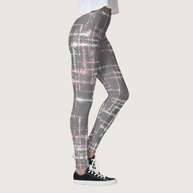 Leggings rose et blanc sur gris abstrait croisé motif (Droite)