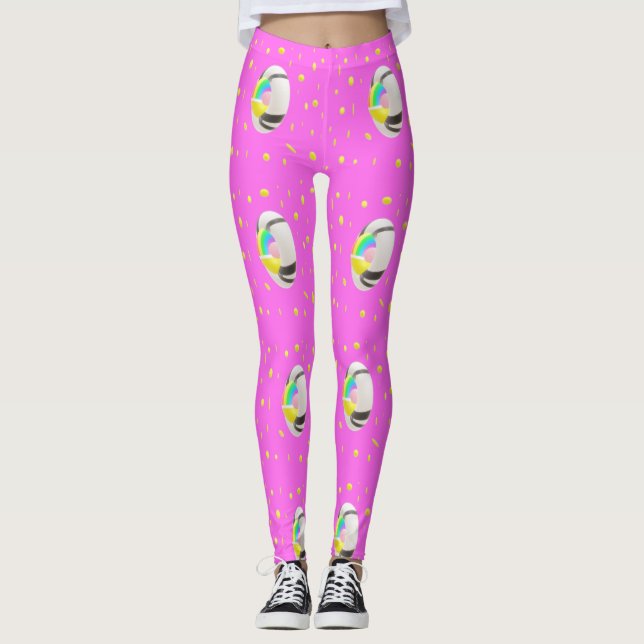 Leggings Rose et jaune avec globe moyen mignon (Devant)