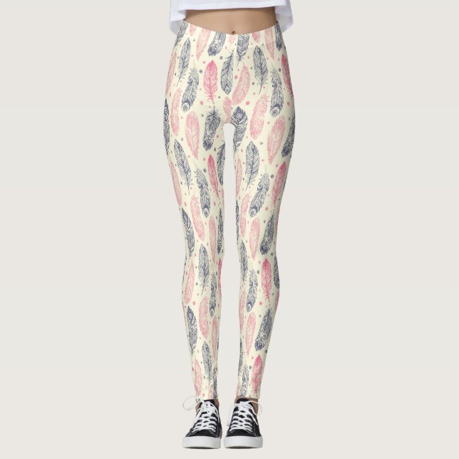 Leggings Rose et motif ethnique pourpre de plume (Devant)