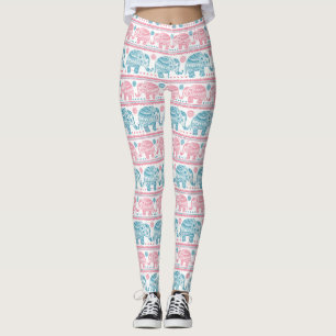 Leggings Rose et motif ethnique turquoise d'éléphant