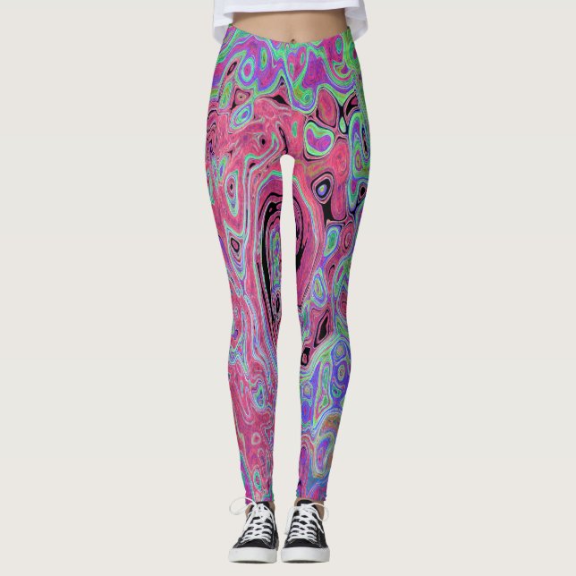 Leggings Rose et vert citron tourbillonnant abstrait rétro  (Devant)