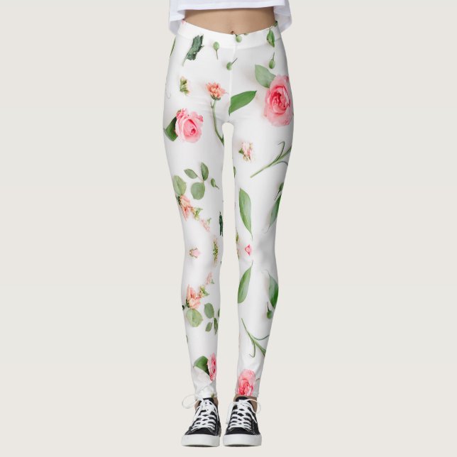Leggings Rose et zinnia motif floral sur arrière - plan bla (Devant)