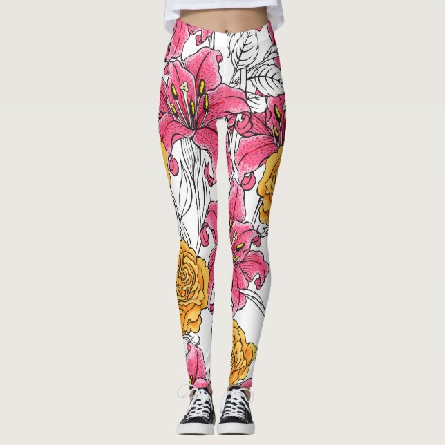 Leggings Rose Lilies main tiré Motif (Devant)