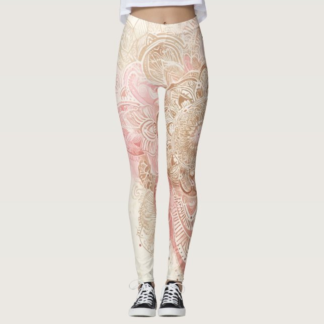 Leggings Rose Marron Crème Mandala Bohème Mode Bohème (Devant)