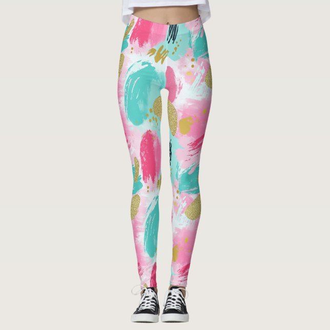 Leggings Rose Menthe Douce Or Printemps Abstrait Pinceaux (Devant)