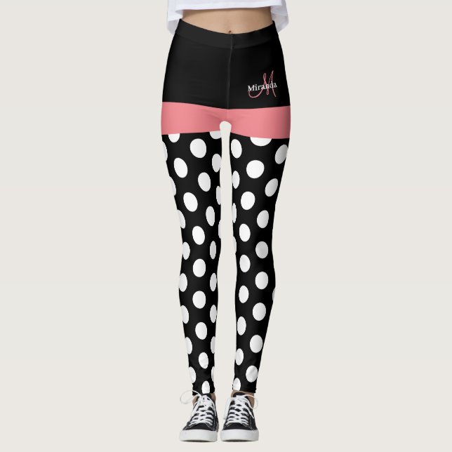 Leggings Rose noir blanc Polka point Monogramme (Devant)