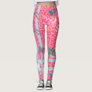 Leggings Rose Orange Éclectique Maximaliste Zèbre Léopard