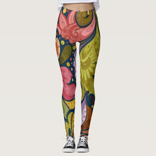 Leggings Rose Orange Jaune Vert Violet Fleurs Et Tourbillon (Devant)