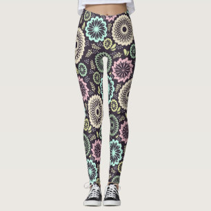 Leggings Rose pastel doux et fleur turquoise Vintage Botani