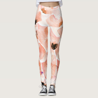 Leggings Rose, pivoine, feuille, motif aquarelle.