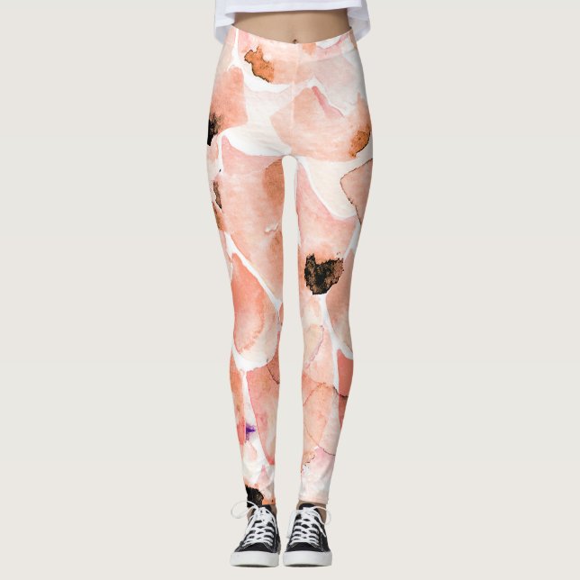 Leggings Rose, pivoine, feuille, motif aquarelle. (Devant)