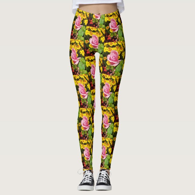 Leggings Rose rose et Fleurs Jaunes (Devant)