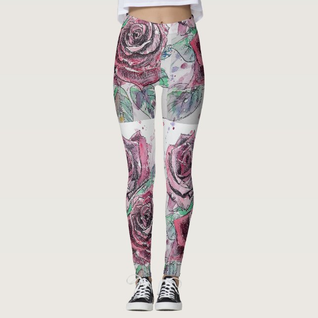 Leggings Rose rouge Aquarelle Fleur Rouge Jambes Florales (Devant)
