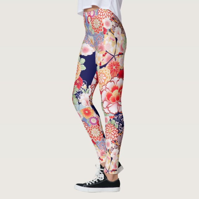 Leggings ROSE ROUGE BLANC FLEURS pivoines, Floral japonais  (Gauche)