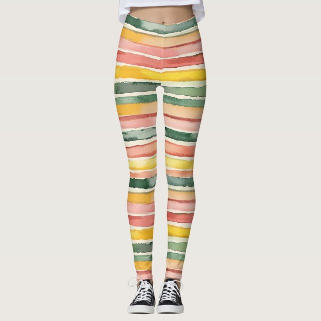 Leggings Rose vert pêche rouge jaune rayures (Devant)
