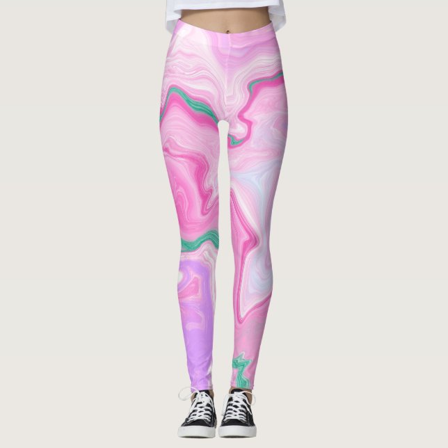 Leggings Rose, Violet, Art Marbre Vert Menthe (Devant)