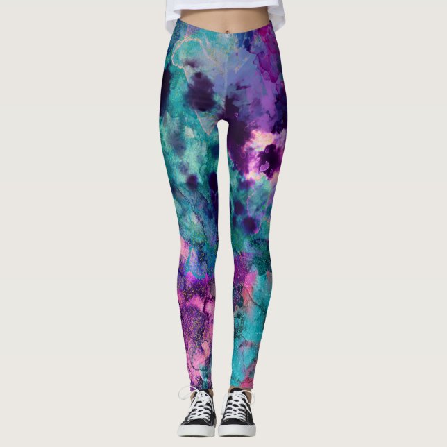 Leggings Rose violet Turquoise bleu Inky Splatz Mode (Devant)