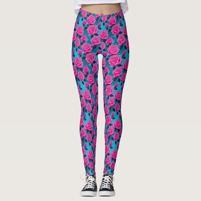 Leggings Roses Abstraites Audacieuses En Rose Néon  (Devant)