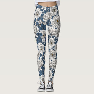 Leggings Roses blanches avec feuilles bleus sur blanc
