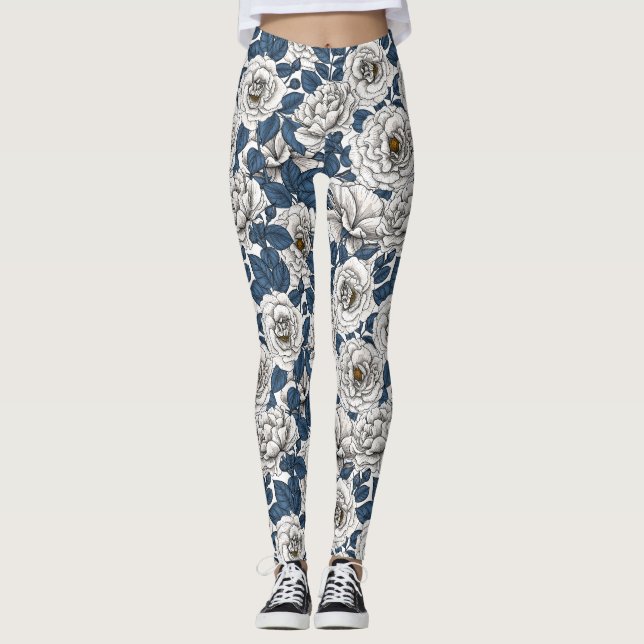 Leggings Roses blanches avec feuilles bleus sur blanc (Devant)