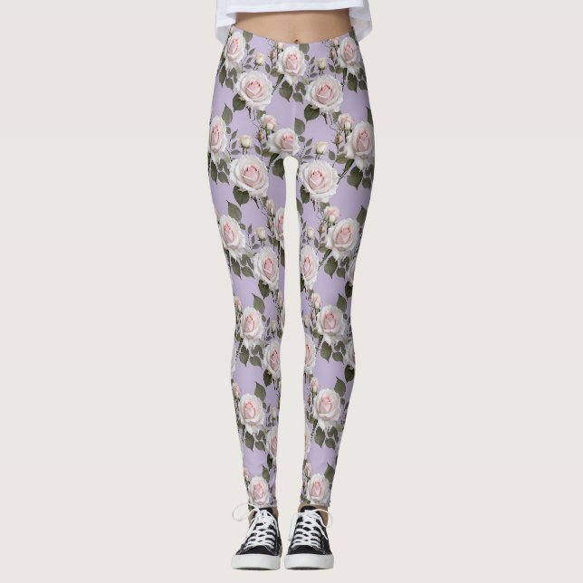 Leggings Roses blanches douces et roses blush sur lavande f (Devant)