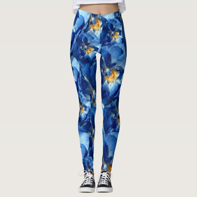 Leggings Roses Bleus, Floral Photo Motif personnalisée Legg (Devant)