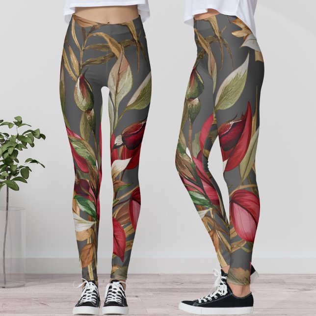 Leggings Roses botaniques vintages et palmiers Feuille Gris (Créateur téléchargé)