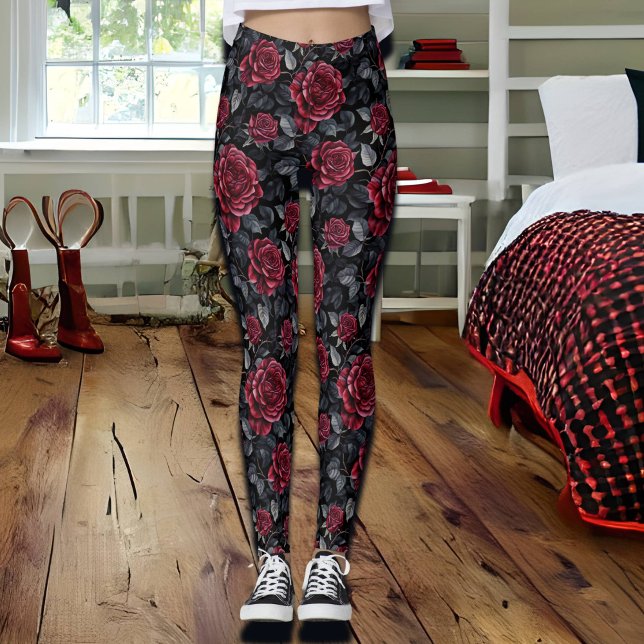 Leggings Roses bourguignons avec Arrière - plan noir (Créateur téléchargé)